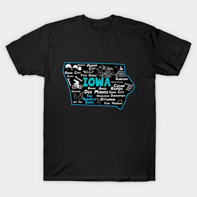 the hawkeye state Iowa map Des Moines Sioux City, Mason City, Boone, Davenport, Ottumwa, Fort Madison T-Shirt by BoogieCreates